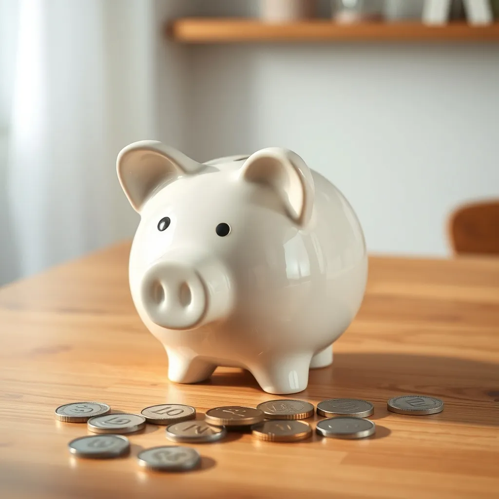 A ceramic piggy bank sitting on a wooden table with some Eur
